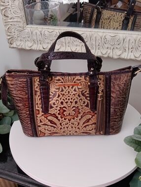 Brahmin Embossed Floral Satchel in Brown and Tan